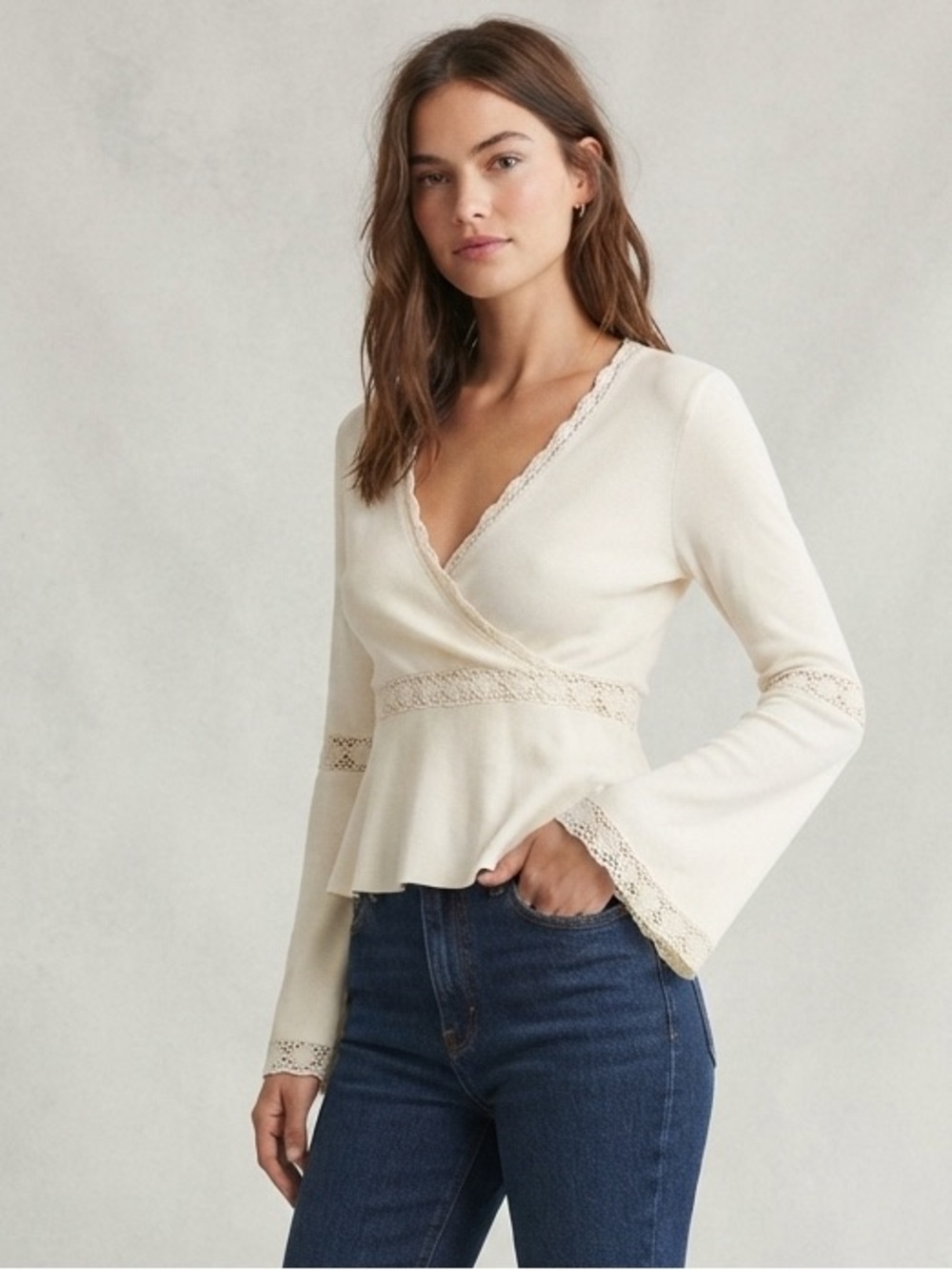 Y2K Cyrus Cream Wrap Peplum Long Sleeve Shirt Top with Lace Trim Size Large